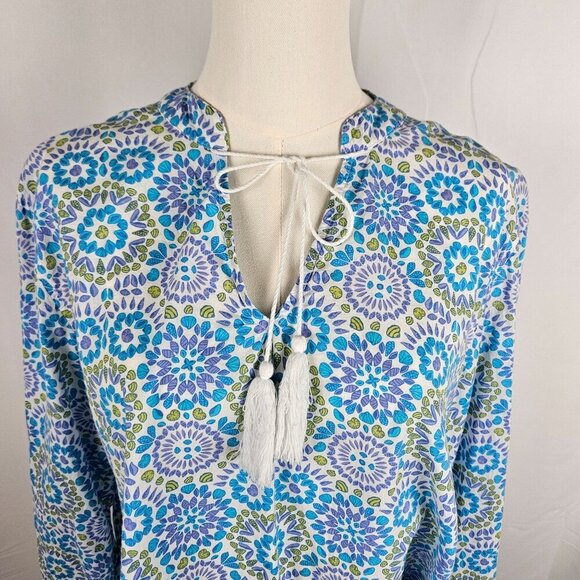 Fresh Produce XL Tunic Top Mosaic Shells Corine Blue Green Cotton Tie Neck - Picture 4 of 12